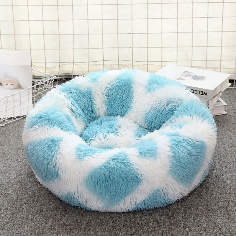 Blue-white 50cm Cozy Round Pet Bed - Plush Cat &amp; Dog Bed with Non-Slip Base, Machine Washable