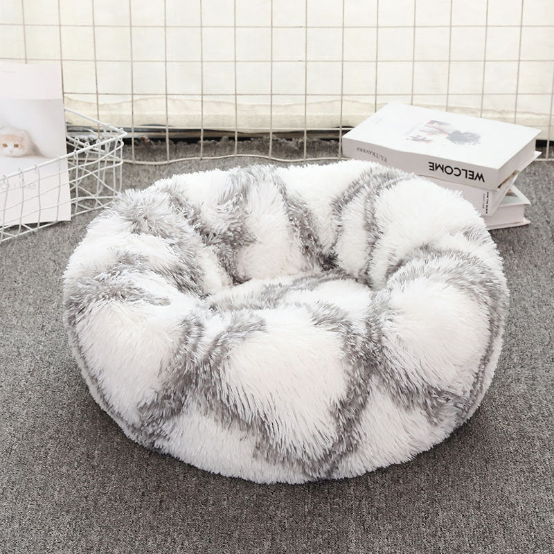 Grey-white 50cm Cozy Round Pet Bed - Plush Cat &amp; Dog Bed with Non-Slip Base, Machine Washable