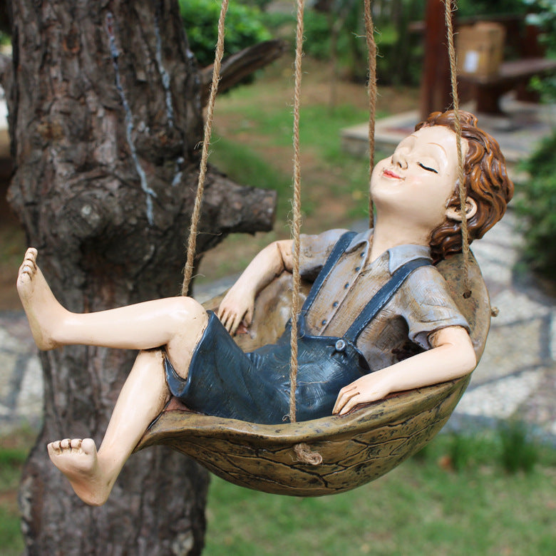 Walnut Boy Swing Resin Ornament - 20.5x11x12.5cm Charming Garden Hanging Decor for Trees &amp; Patios