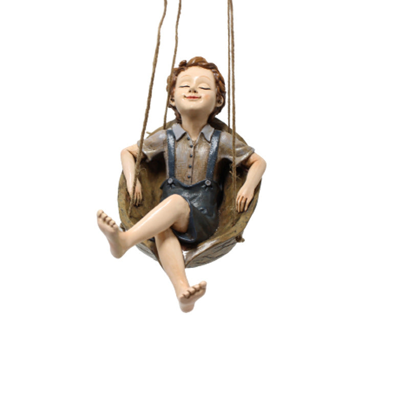 Walnut Boy Swing Resin Ornament - 20.5x11x12.5cm Charming Garden Hanging Decor for Trees & Patios