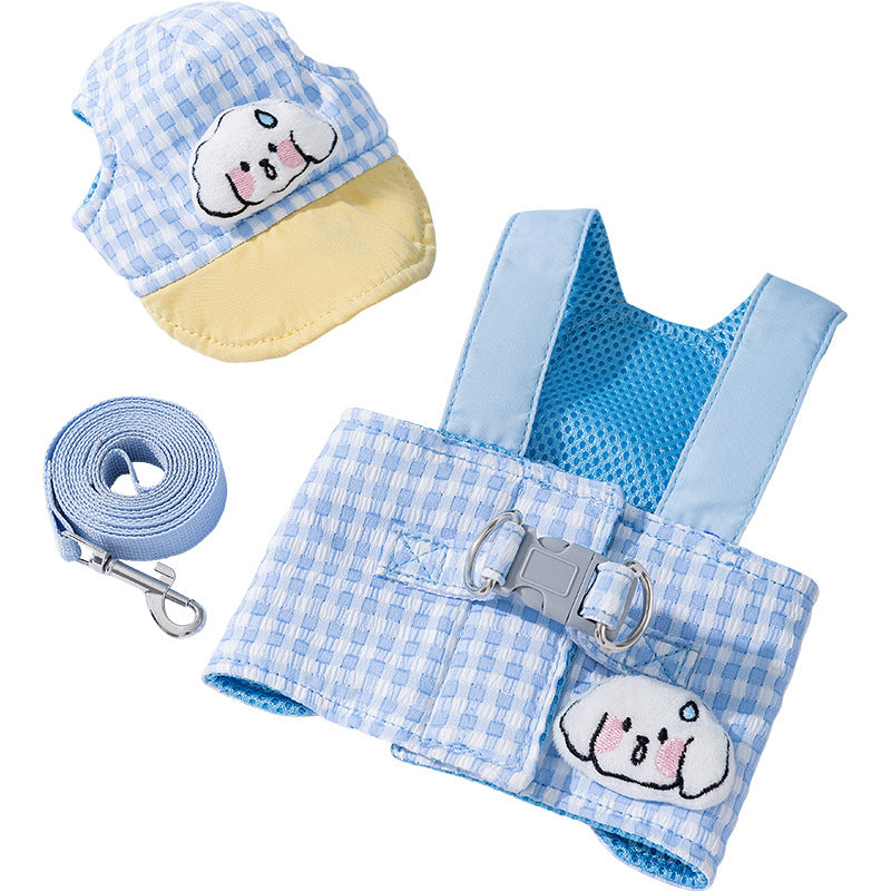 L Blue Pet Sun Hat with Adjustable Strap + Leash &amp; Harness 3-Piece Set - Breathable Summer Cap for Dogs &amp; Cats with Ear Holes