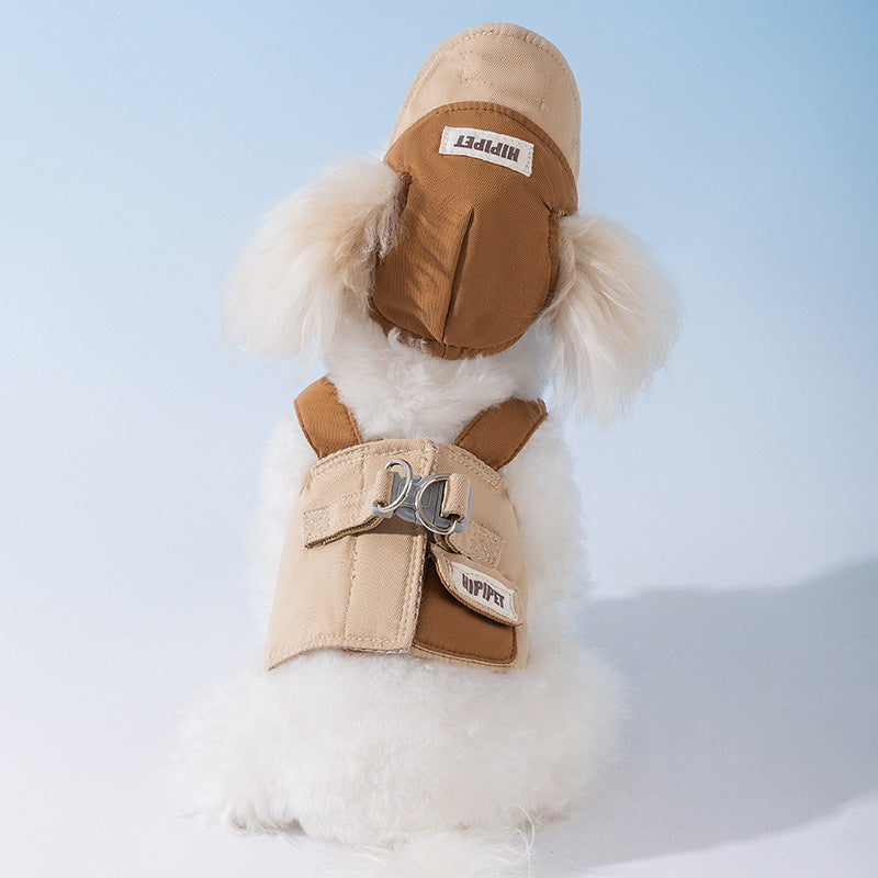 L Brown Pet Sun Hat with Adjustable Strap + Leash & Harness 3-Piece Set - Breathable Summer Cap for Dogs & Cats with Ear Holes