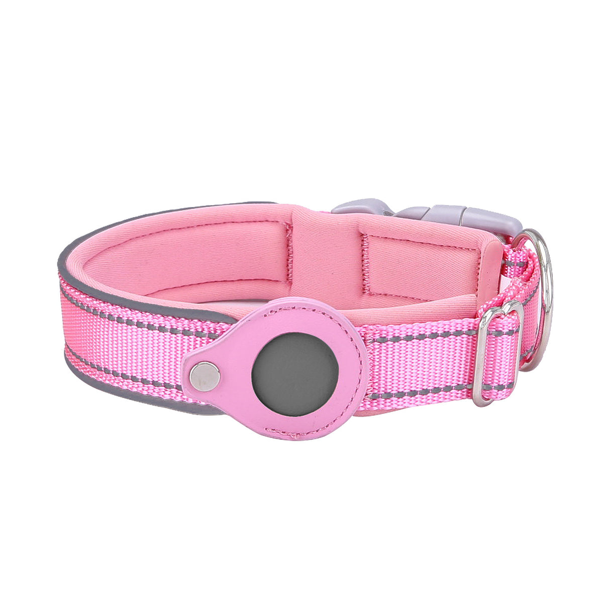 L Pink Secure Nylon Dog Collar with Built-in Apple AirTag (not included) Holder Case - Pet Tracker Accessory