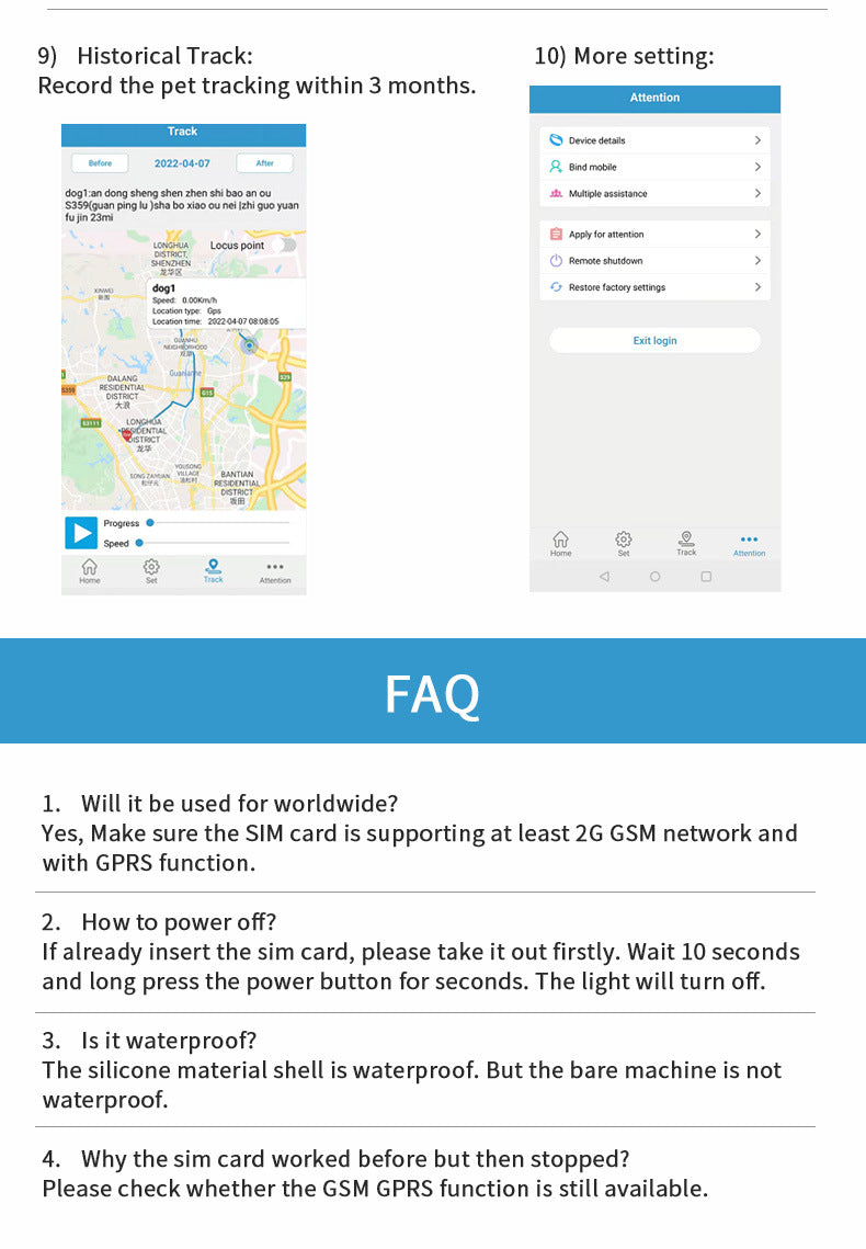 Blue Real-Time Pet GPS Tracker Locator - Magnetic Charging, Multi-Mode Positioning for Dogs & Cats