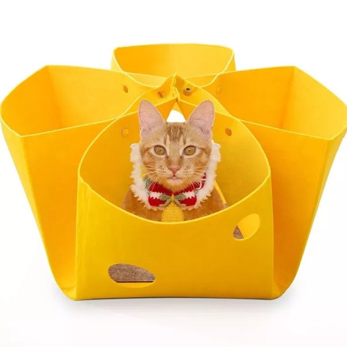 Yellow Large Transformable Felt Cat Tunnel Bed - Cozy Foldable Pet Play House &amp; Cave (104cm x 104cm)