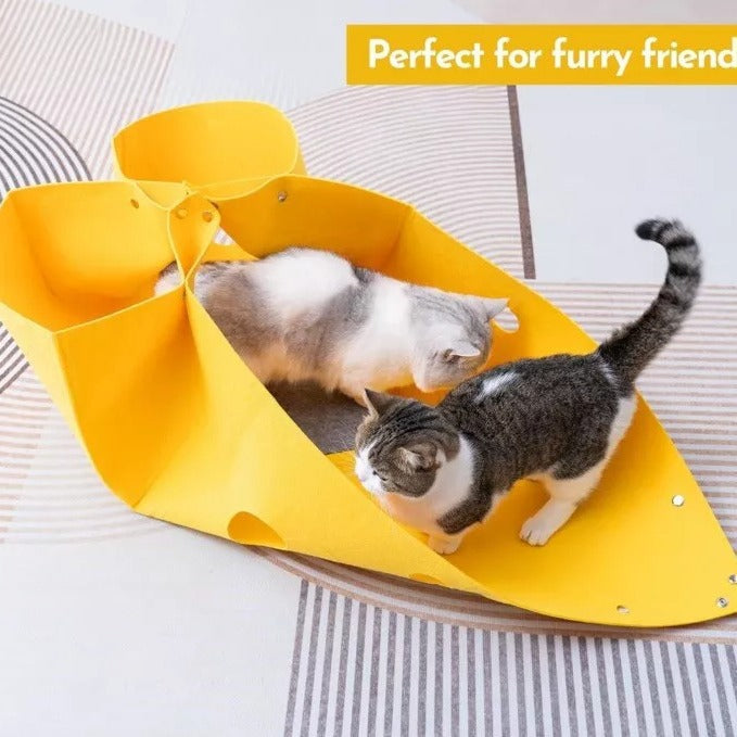 Yellow Large Transformable Felt Cat Tunnel Bed - Cozy Foldable Pet Play House & Cave (104cm x 104cm)
