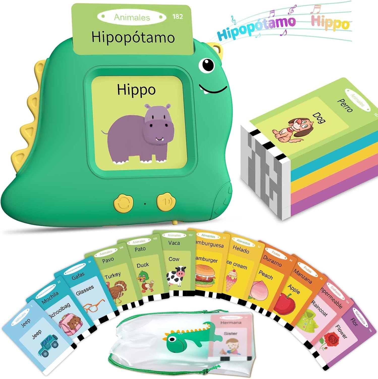 Little Green Dinosaur [112 cards] Bilingual Early Learning Flash Card Reader - Interactive Audio Toy for Toddlers
