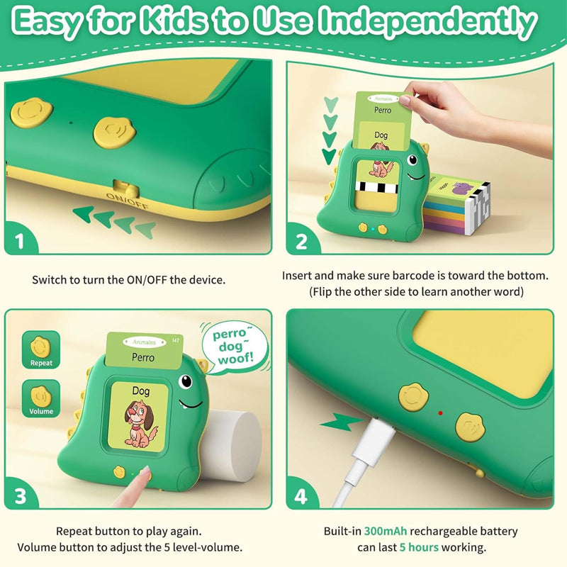 Little Green Dinosaur [112 cards] Bilingual Early Learning Flash Card Reader - Interactive Audio Toy for Toddlers