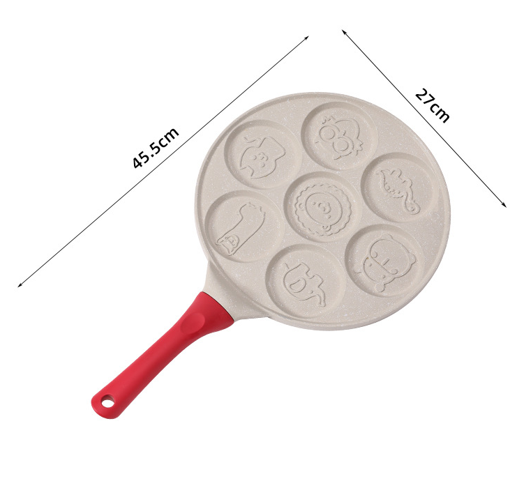 Beige Flat 7-hole + Black Handle (Gas Model) Non-Stick Pancake Pan - 7-Hole Fun Shapes Breakfast Griddle (27cm)