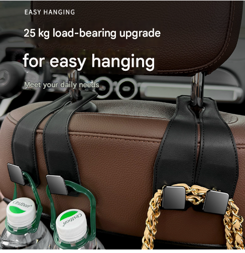Coffee Heavy Duty Car Headrest Hooks (Set of 4 Units) - PU Leather Seat Back Organizer Hangers