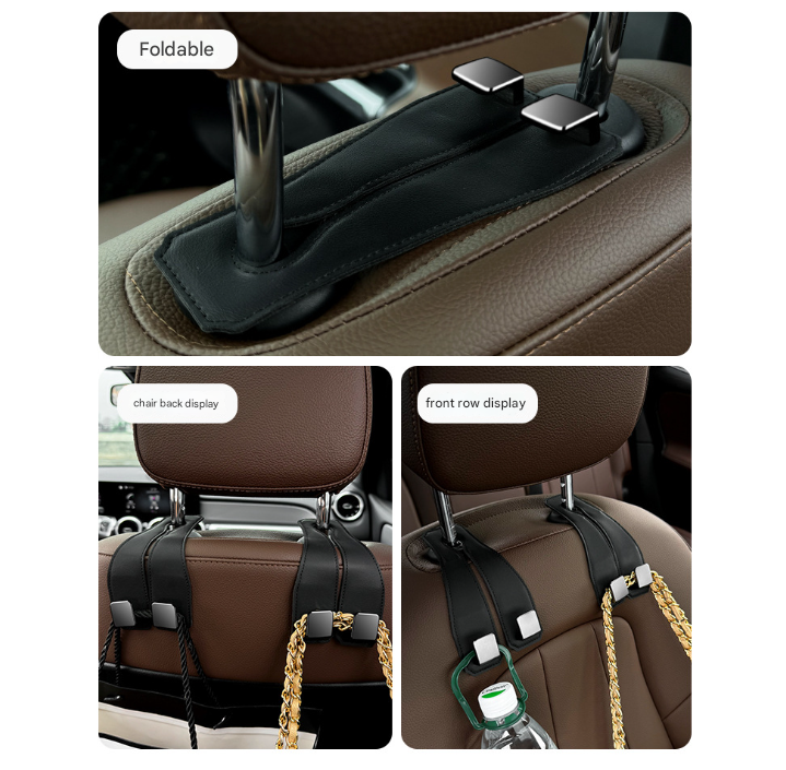 Coffee Heavy Duty Car Headrest Hooks (Set of 4 Units) - PU Leather Seat Back Organizer Hangers