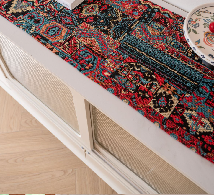 Jacquard Black With Plum Blossom 33-180cm Elegant Geometric Jacquard Table Runner with Tassels - Modern Dining &amp; Coffee Table Decor