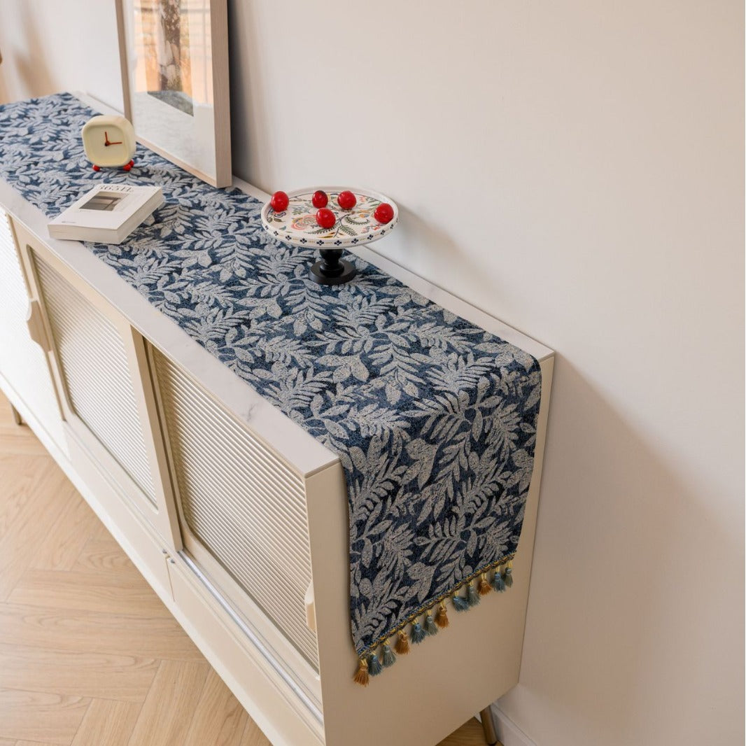Jacquard Blue Water Plant 33-180cm Elegant Geometric Jacquard Table Runner with Tassels - Modern Dining &amp; Coffee Table Decor