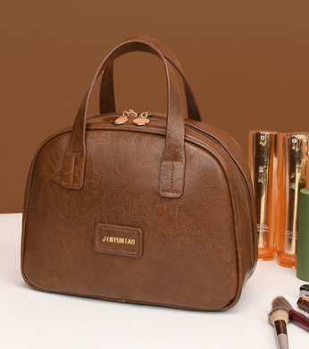 Brown Retro PU Leather Cosmetic Bag - Large Capacity Travel Toiletry Organizer Pouch