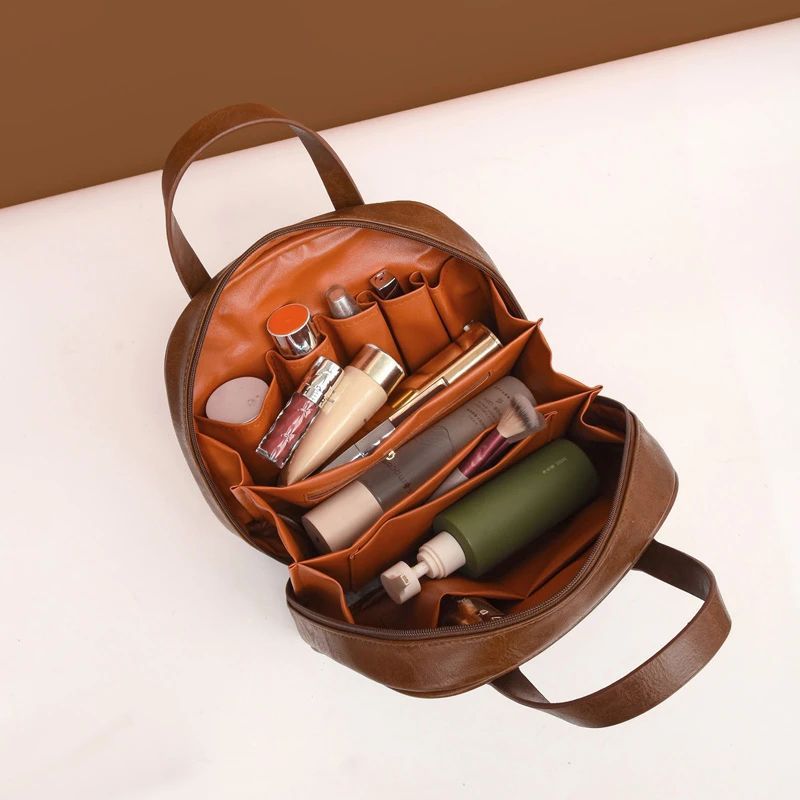 Brown Retro PU Leather Cosmetic Bag - Large Capacity Travel Toiletry Organizer Pouch