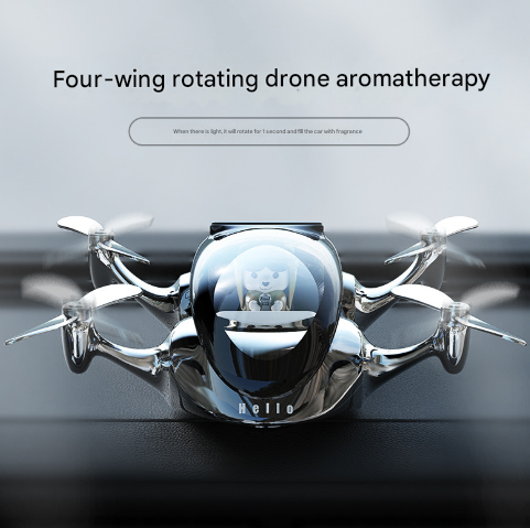 Silver Solar Powered Drone Car Air Freshener - Rotating Propeller Vehicle Scent Diffuser Ornament