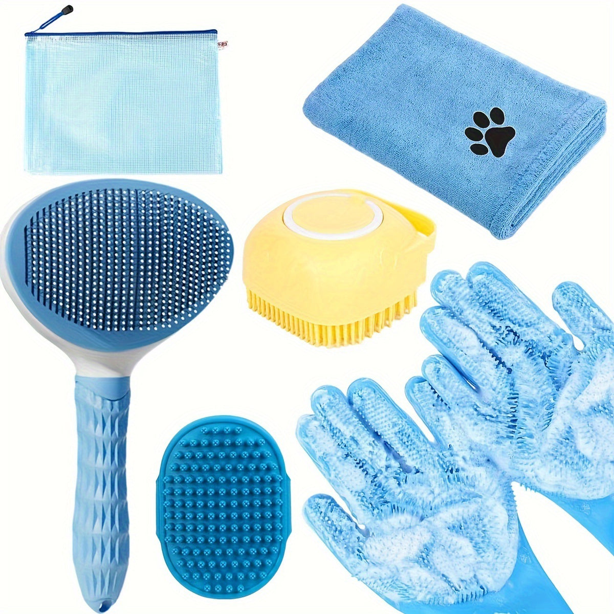 Blue 6-Piece Dog Grooming Bath Set - Absorbent Microfiber Towels &amp; Wash Mitts for Shiny Coats