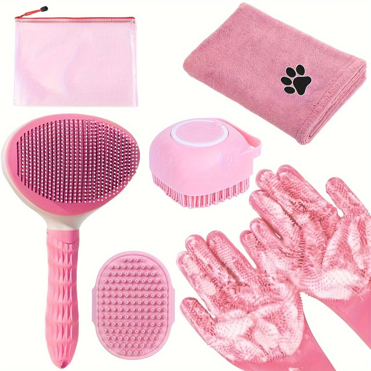 Pink 6-Piece Dog Grooming Bath Set - Absorbent Microfiber Towels &amp; Wash Mitts for Shiny Coats