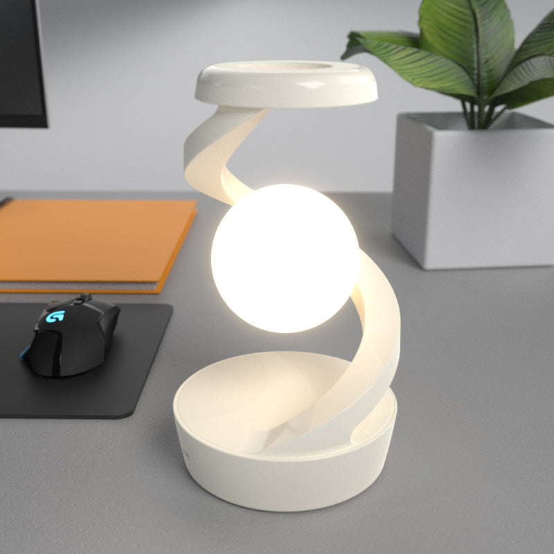 White Modern Levitating LED Desk Lamp with Wireless Phone Charger - Spiral Design Atmosphere Light