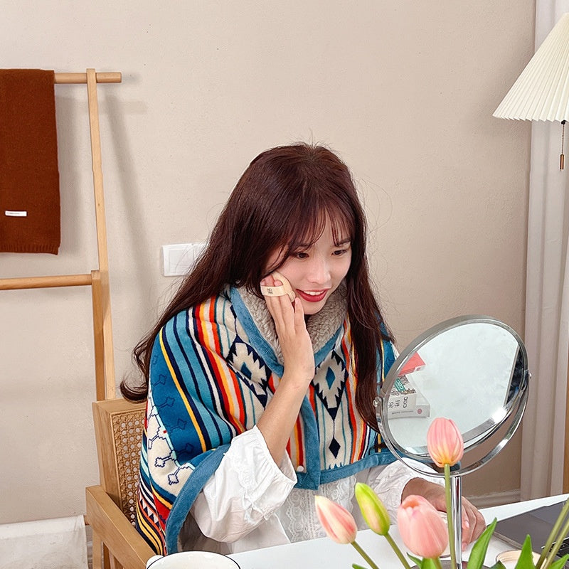 Double-Sided Geometric & Plush Throw Blanket - Warm 70x100cm Multi-Use Wrap(Color stripes/Back side light brown)