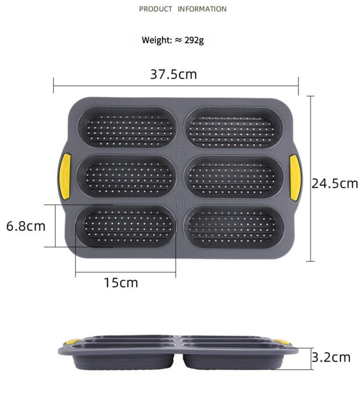 Grey 6-hole silicone baking mold, perforated loaf pan 37.5 cm x 24.5 cm, suitable for bread and cakes (sold in sets of 2)