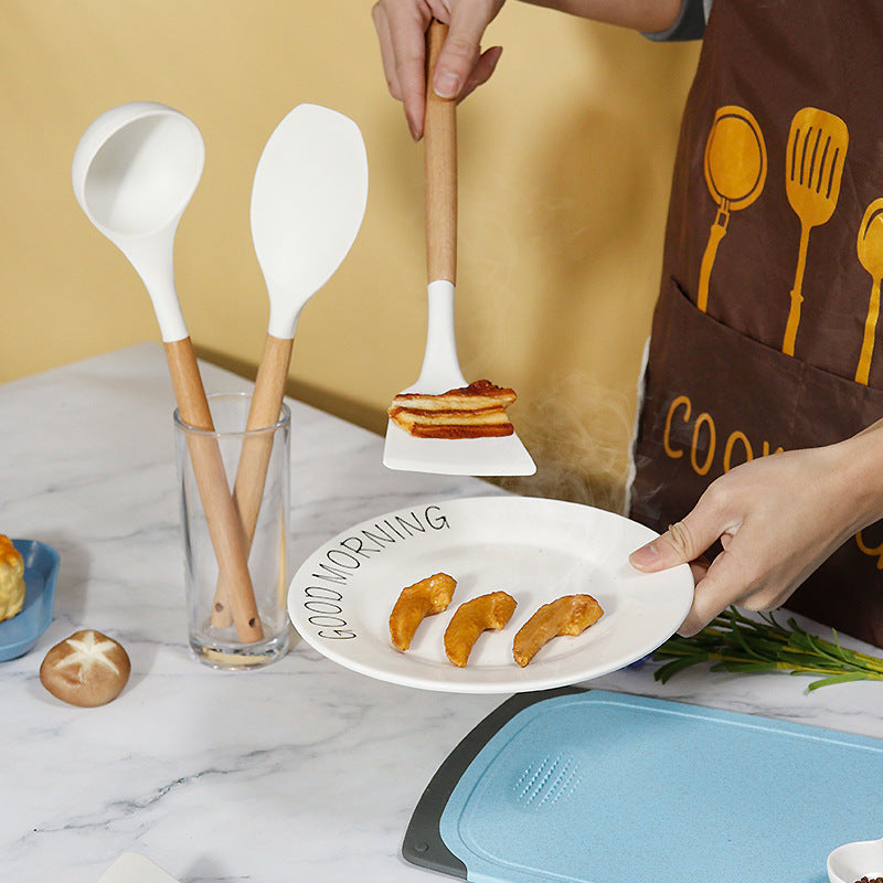 Light Green 11-Piece Silicone Kitchen Utensil Set with Wooden Handles and Storage Bucket - Heat Resistant and Non-Stick