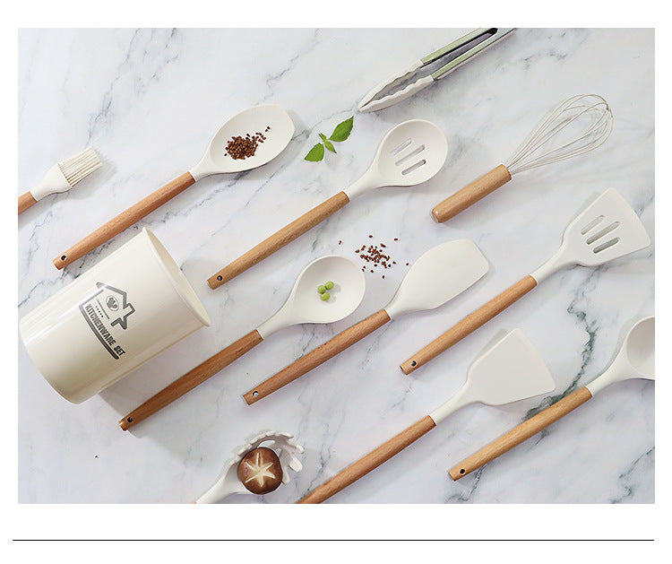 Light Green 11-Piece Silicone Kitchen Utensil Set with Wooden Handles and Storage Bucket - Heat Resistant and Non-Stick