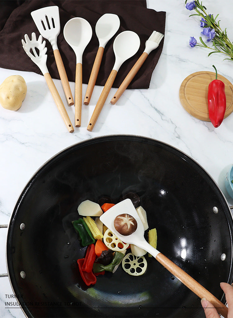 Pink 11-Piece Silicone Kitchen Utensil Set with Wooden Handles and Storage Bucket - Heat Resistant and Non-Stick