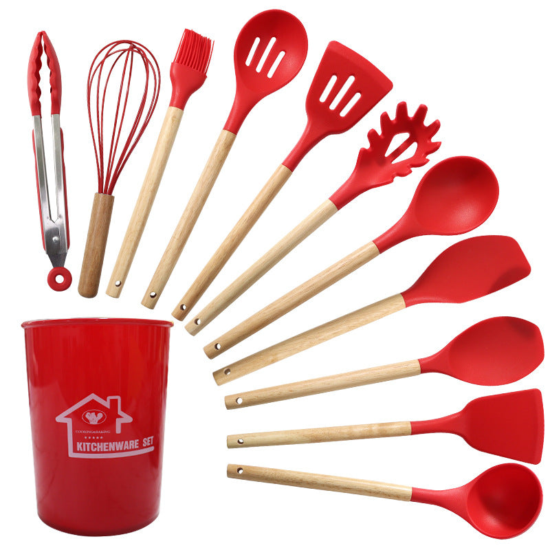 Red 11-Piece Silicone Kitchen Utensil Set with Wooden Handles and Storage Bucket - Heat Resistant and Non-Stick