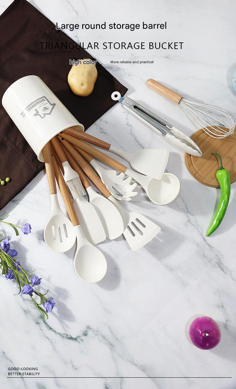 Red 11-Piece Silicone Kitchen Utensil Set with Wooden Handles and Storage Bucket - Heat Resistant and Non-Stick