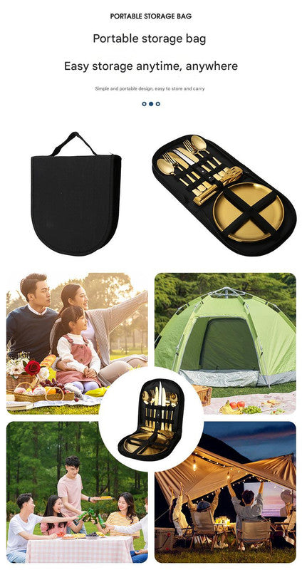 6-Piece Portable Stainless Steel Cutlery Set with Plate and Bag - Gold, Great for Camping and Travel (Teaspoon)