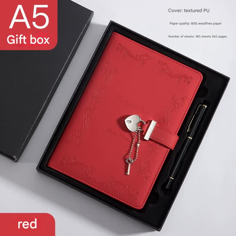 Heart Lock Diary with Key - Vintage Style Journal, Red PU Leather, Secure and Elegant