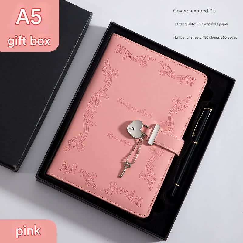 Heart Lock Diary with Key - Vintage Style Journal, Pink PU Leather, Secure and Elegant