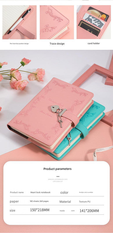 Heart Lock Diary with Key - Vintage Style Journal, Pink PU Leather, Secure and Elegant
