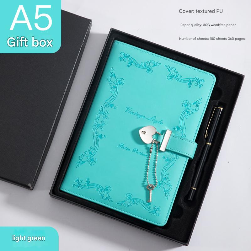 Heart Lock Diary with Key - Vintage Style Journal, Green PU Leather, Secure and Elegant