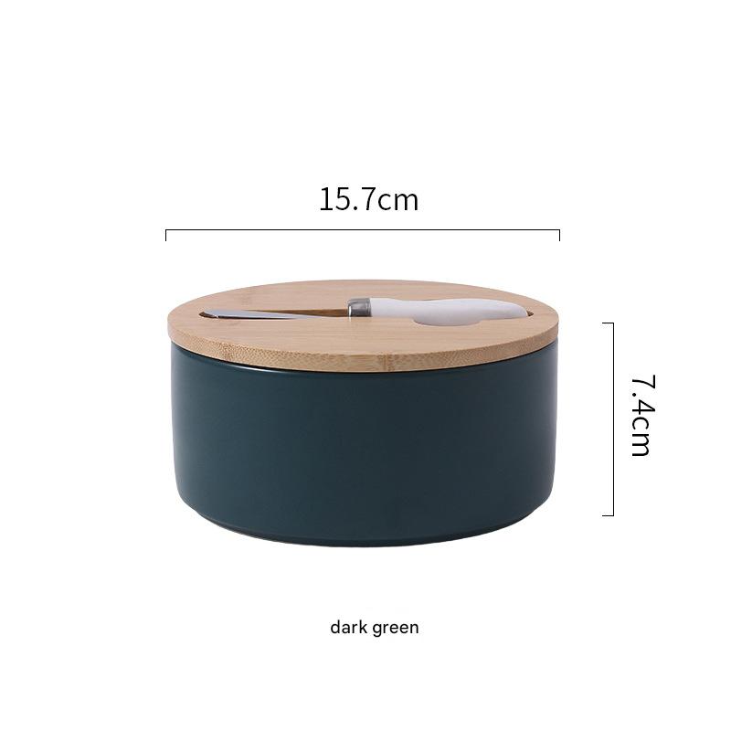 Green Nordic Ceramic Butter Dish with Knife - Airtight Cheese Container with Bamboo Lid, Kitchen Storage