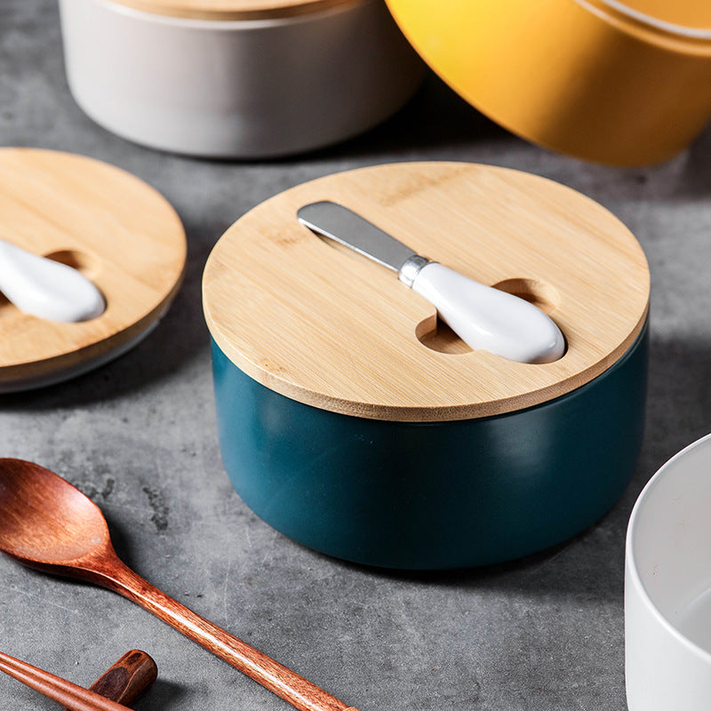 Green Nordic Ceramic Butter Dish with Knife - Airtight Cheese Container with Bamboo Lid, Kitchen Storage