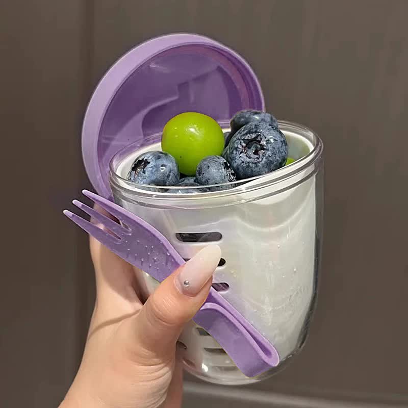 Purple Double Layer Salad Cup with Fork - Leak-proof Fruit Container, Drain Design, Portable Oatmeal and Picnic Jar
