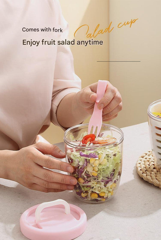 Purple Double Layer Salad Cup with Fork - Leak-proof Fruit Container, Drain Design, Portable Oatmeal and Picnic Jar