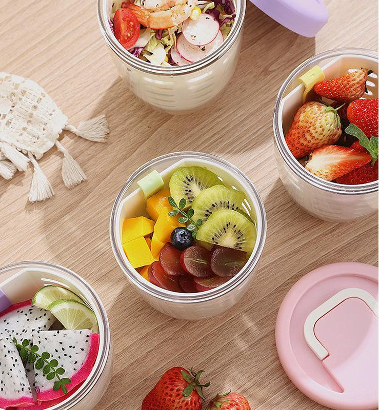 Pink Double Layer Salad Cup with Fork - Leak-proof Fruit Container, Drain Design, Portable Oatmeal and Picnic Jar