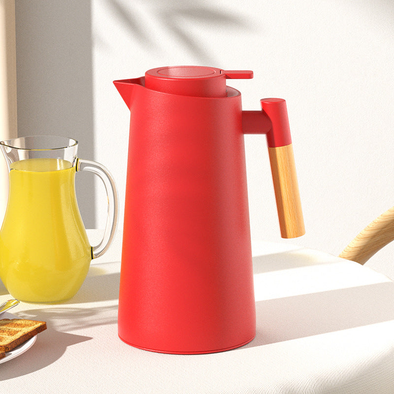 1000ml Red thermos bottle with wooden handle, double-layer glass liner coffee pot, suitable for hot and cold drinks