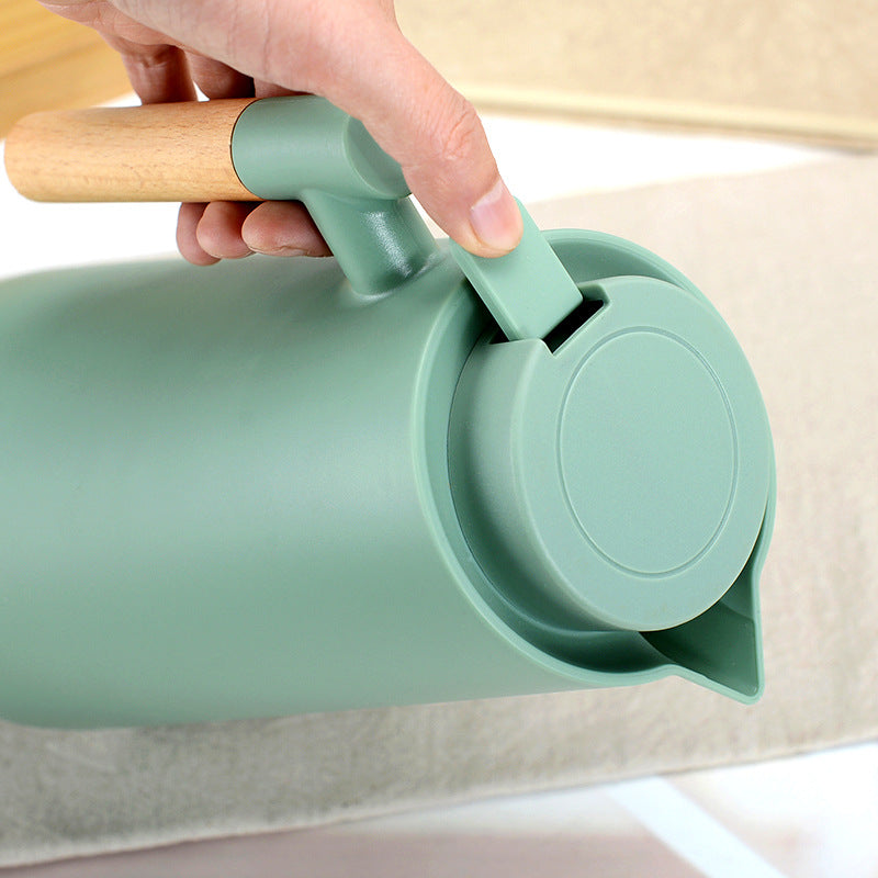 1000ml Bamboo Green thermos bottle with wooden handle, double-layer glass liner coffee pot, suitable for hot and cold drinks
