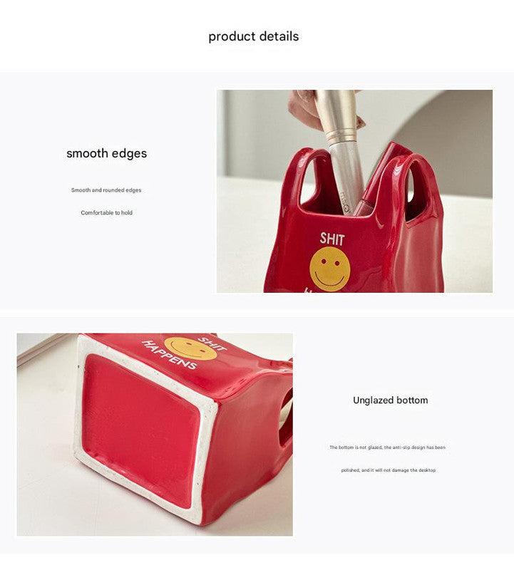 Red Ceramic Desktop Organizer - Cute Hand Shaped Pencil Holder and Makeup Brush Storage for Home and Office