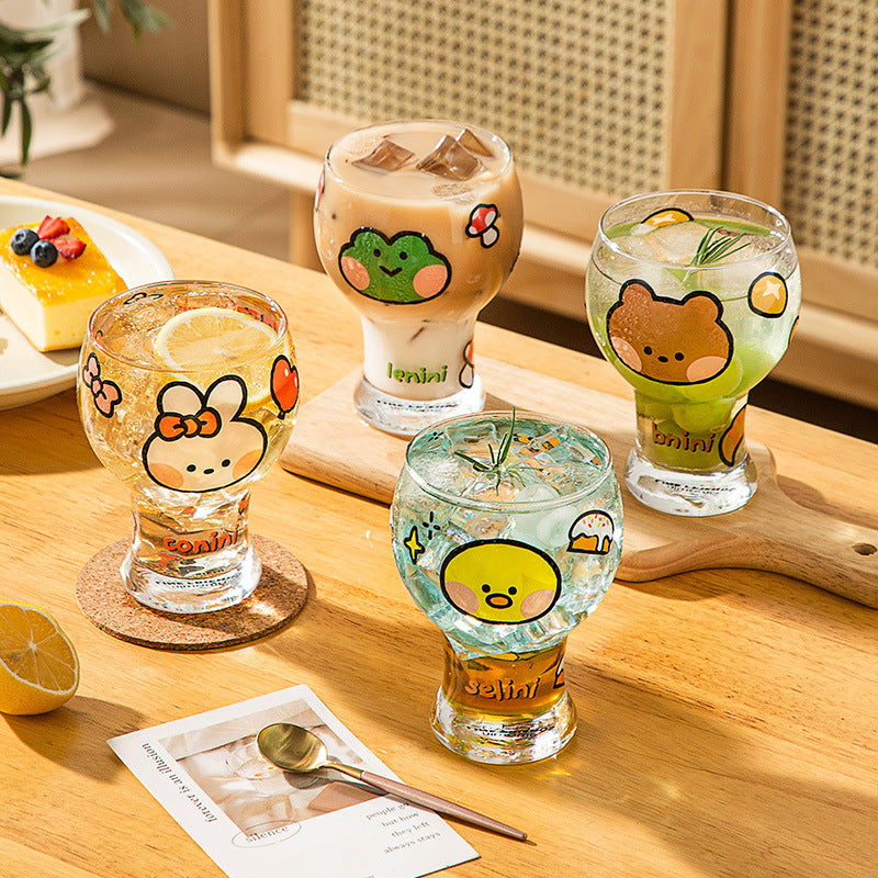 Mini Cartoon Glass Tumbler 400ml,Cute Beer and Juice Cup for Cold Drinks(White rabbit)
