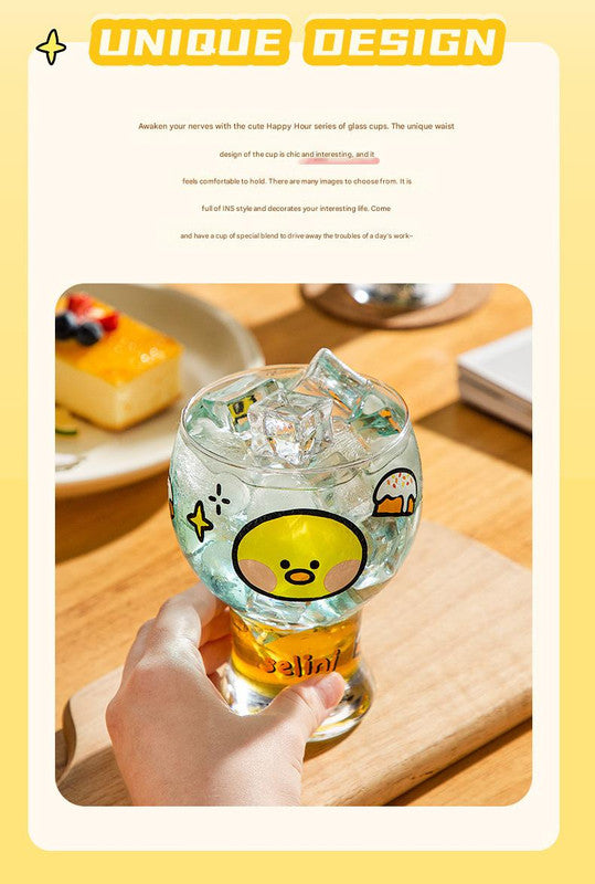 Mini Cartoon Glass Tumbler 400ml,Cute Beer and Juice Cup for Cold Drinks(White rabbit)