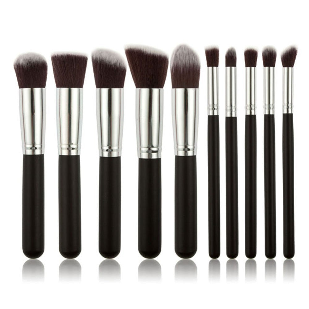 10-Piece Black silver Makeup Brush Set - Large and Small Brushes for Professional Beauty Application