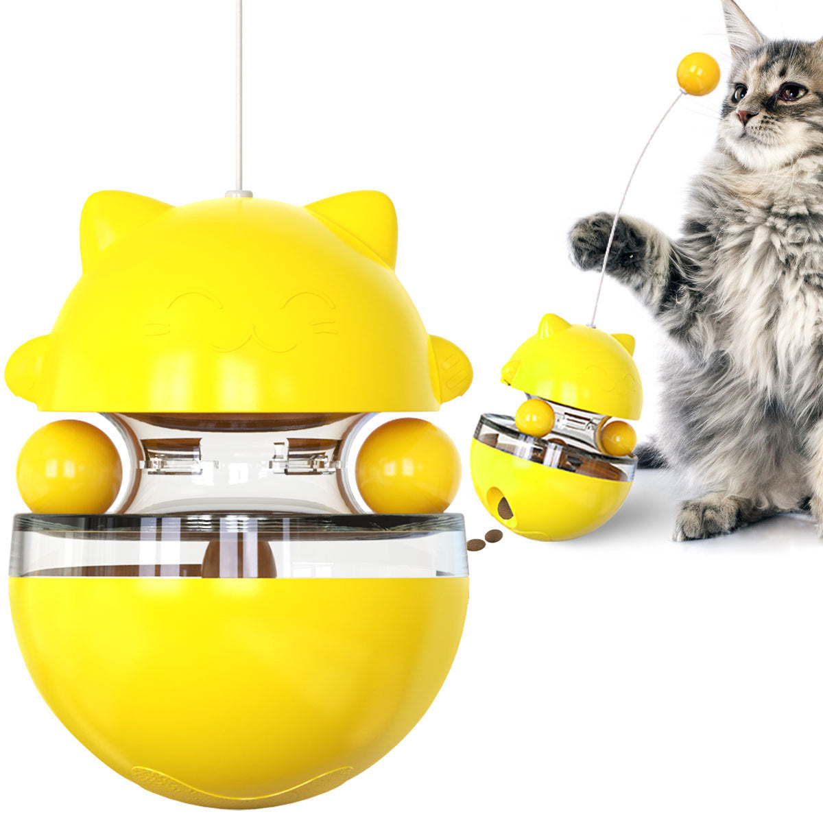 Cat Teaser Cup Toy, Interactive Treat Dispensing Ball with Wand (Yellow)