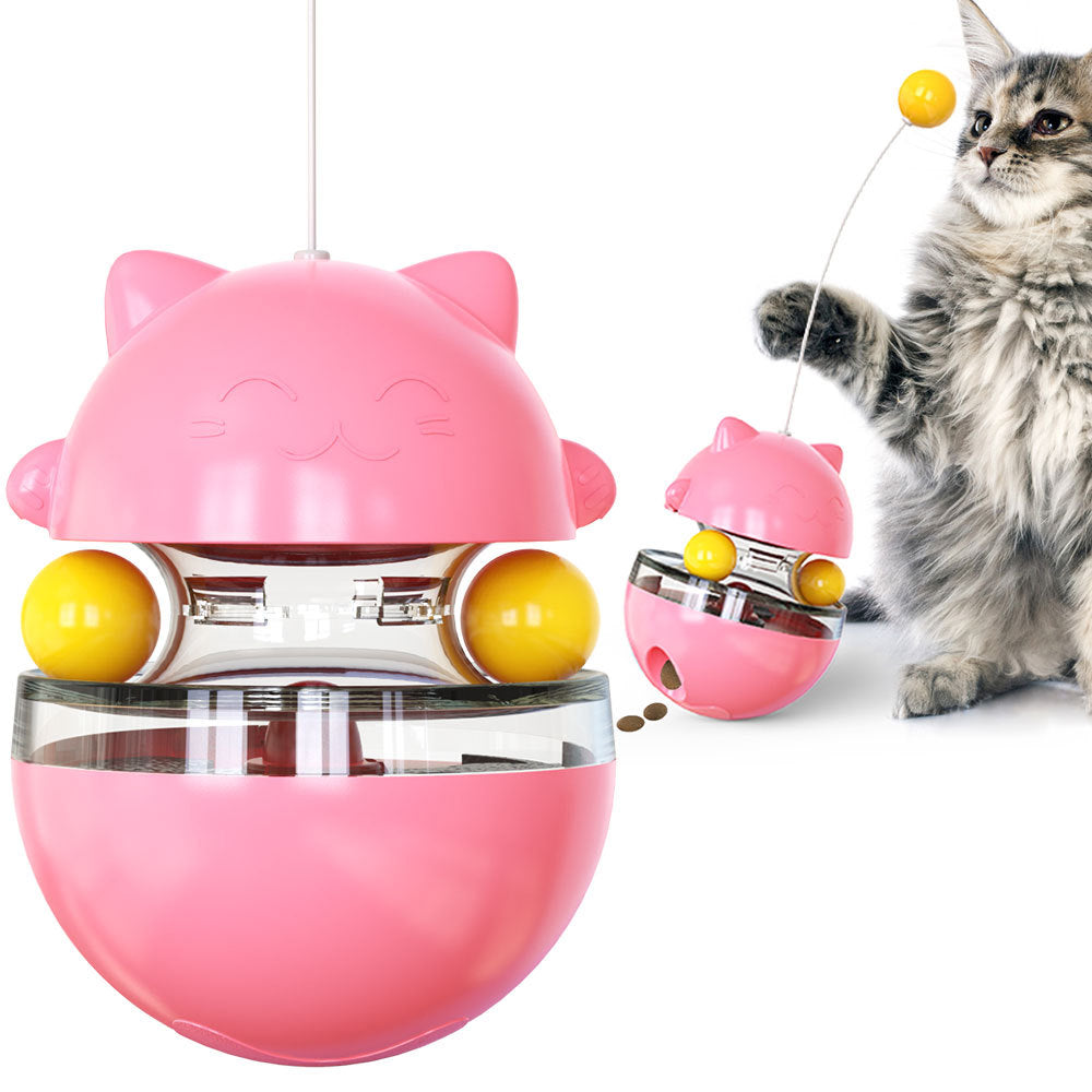 Cat Teaser Cup Toy, Interactive Treat Dispensing Ball with Wand (Pink)