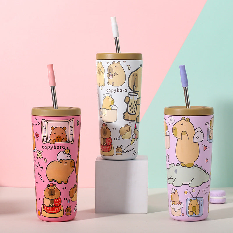 304 Stainless Steel Insulated Tumbler,Cartoon Design Portable Straw Cup for Home and Office(Lotus color)