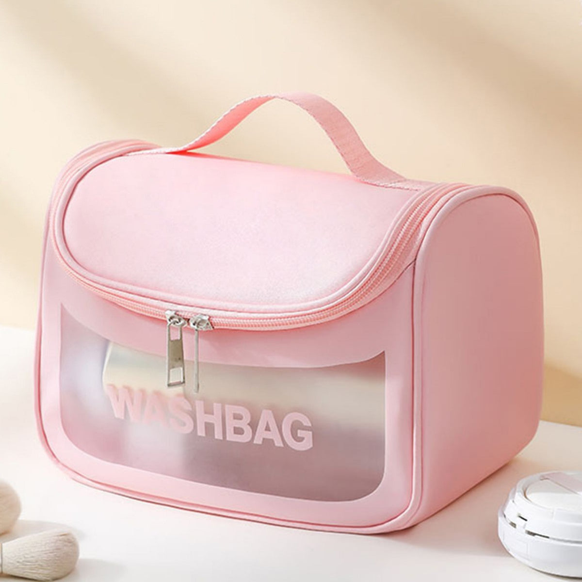 PVC Transparent Cosmetic Bag,Waterproof Portable Travel Organizer with Handle(Pink)